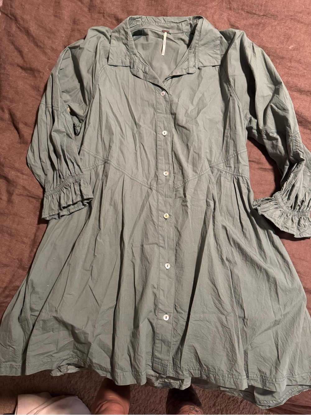 Free People Sage Green Button-Front Midi Shirt Dress